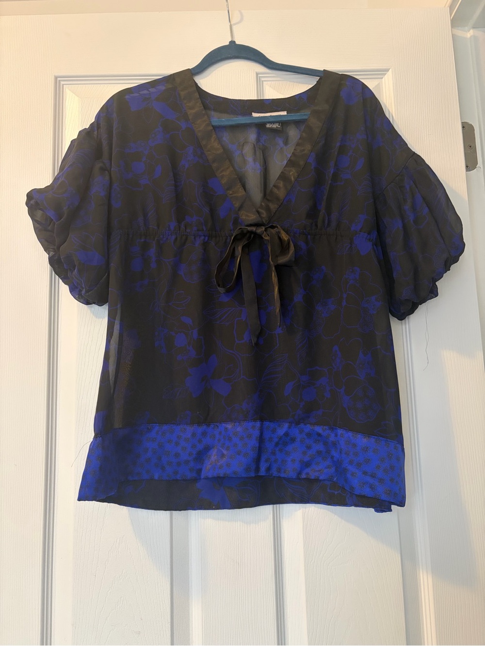 Cotton Express Black and Royal Blue Floral Tie-Front Blouse